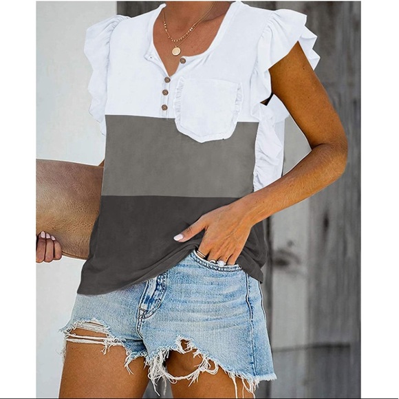 Ruffle Sleeve Color Block 1/4 Button-Down Pocket T-Shirt Top Blouse - Picture 7 of 16